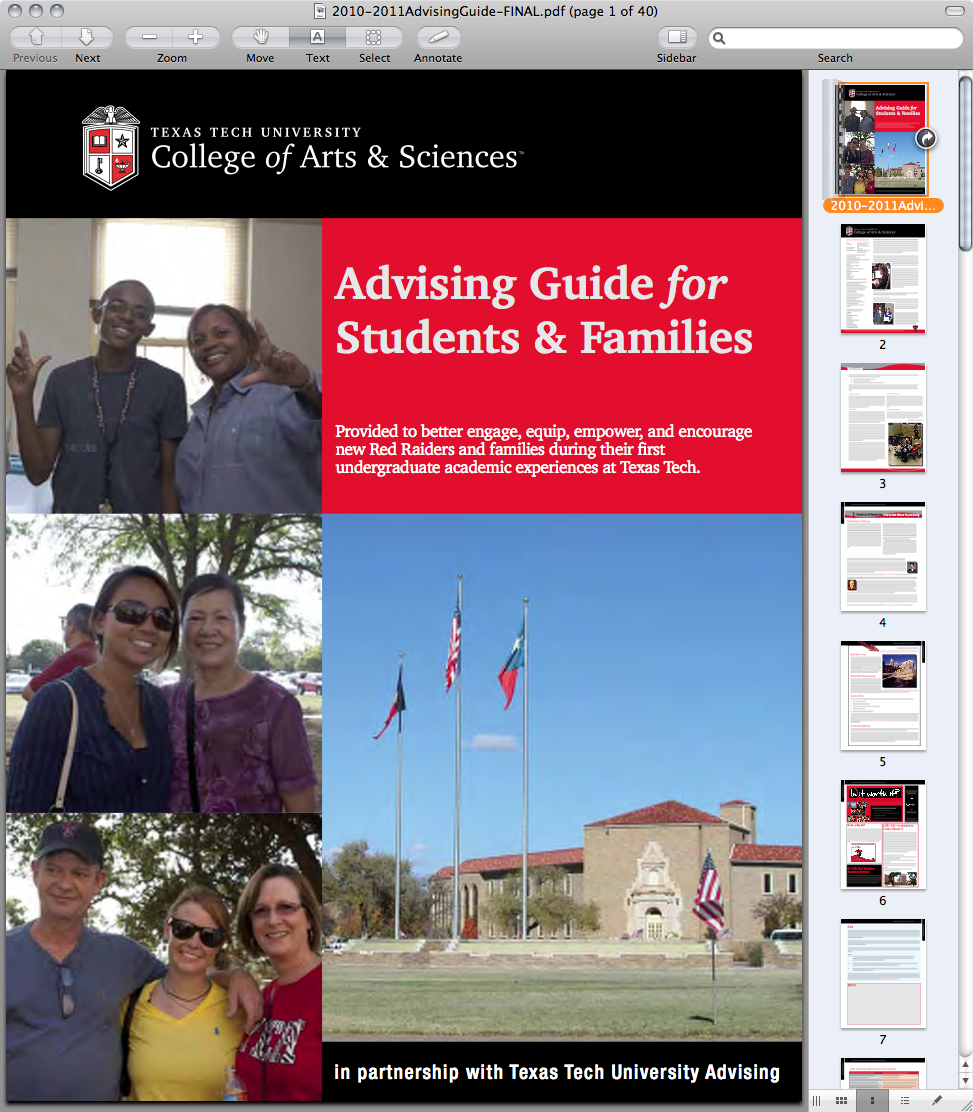 This is the front cover of the 2010 A&S Advising Guide booklet, along with thumbnails from the PDF application that introduce the pages of content beyond the cover.
